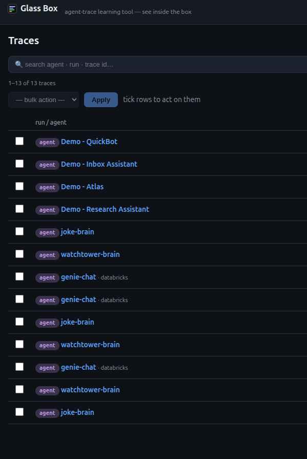 The Glass Box traces list: every run as a row, with bulk actions to compare or delete.